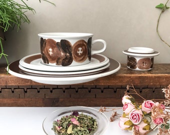 Arabia Rosmarin-theeset, vintage Arabia Finland, theekopje, boho chic servies, bruine bloemen