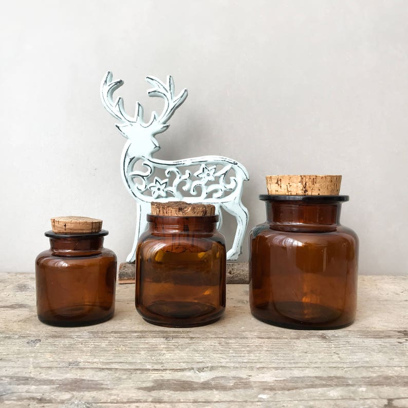 Vintage Glass Storage Jars Amber Brown Emerald Green Etsy