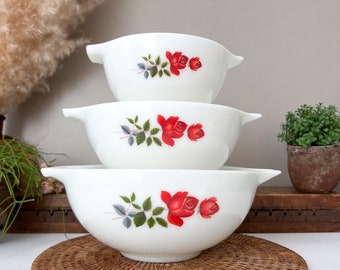 JAJ Pyrex June Rose Cinderella Bowls , Mixing Bowls, Red Roses Bowls, Vintage Farmhouse Kitchen.