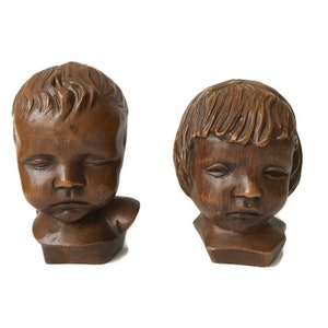 Estátua de busto de menina e menino vintage, escultura de cabeças de crianças, Gebroeders Van Paridon, Amsterdã Holanda.