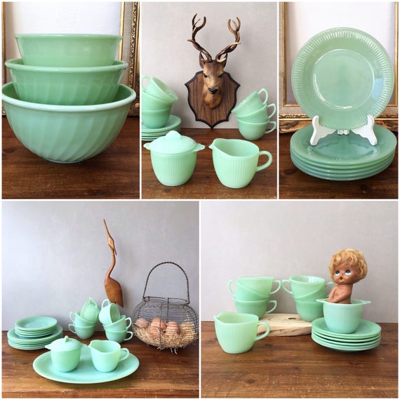 Vintage Fire King Jadeite Swirl Bowls, Mid Century Green Tableware