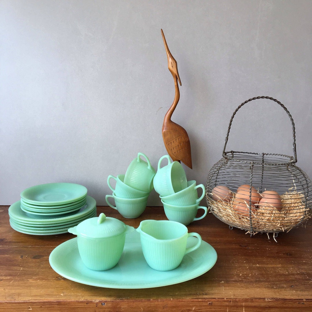 Vintage Fire King Jadeite Jane Ray Set, Plates, Cups