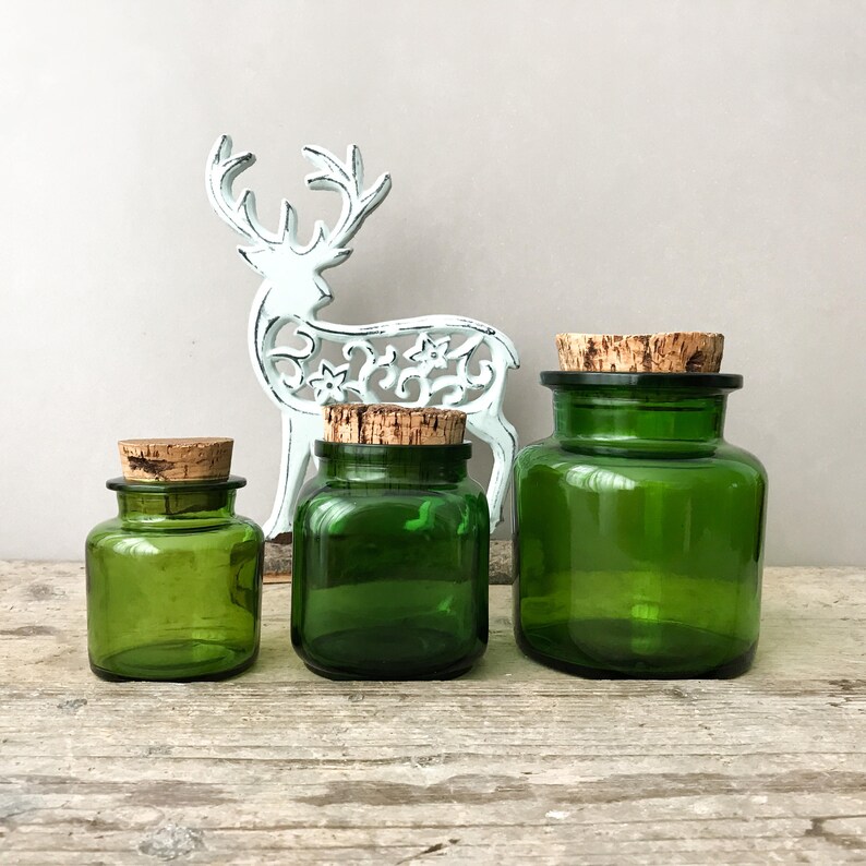 Vintage Emerald Green Jars Pharmacy Glass jars Cork Stopper Etsy