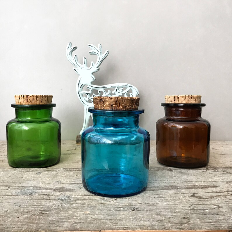 Vintage Glass Storage Jars Amber Brown Emerald Green Etsy