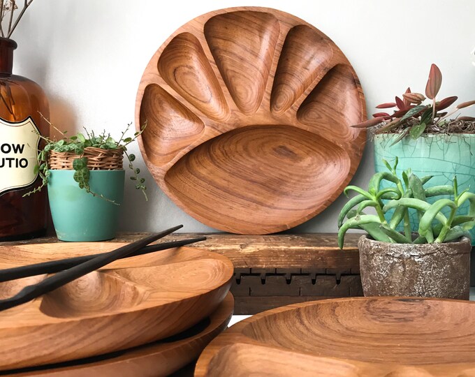 Vintage 6 Teak Wood Divided Plates Mid Century Modern Etsy