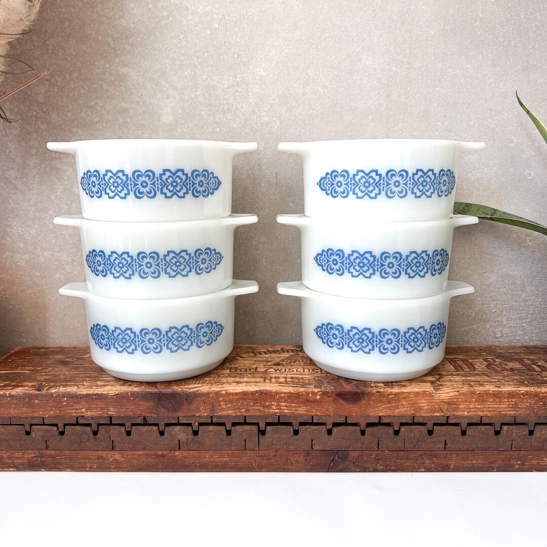 Vintage Schott Mainz 6 Milk Glass Bowls, Blue Floral Soup Bowls, 70s ...