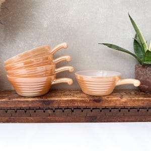 Vintage Fire-King Peach Lustre Handled Soup Bowls – Set of 5