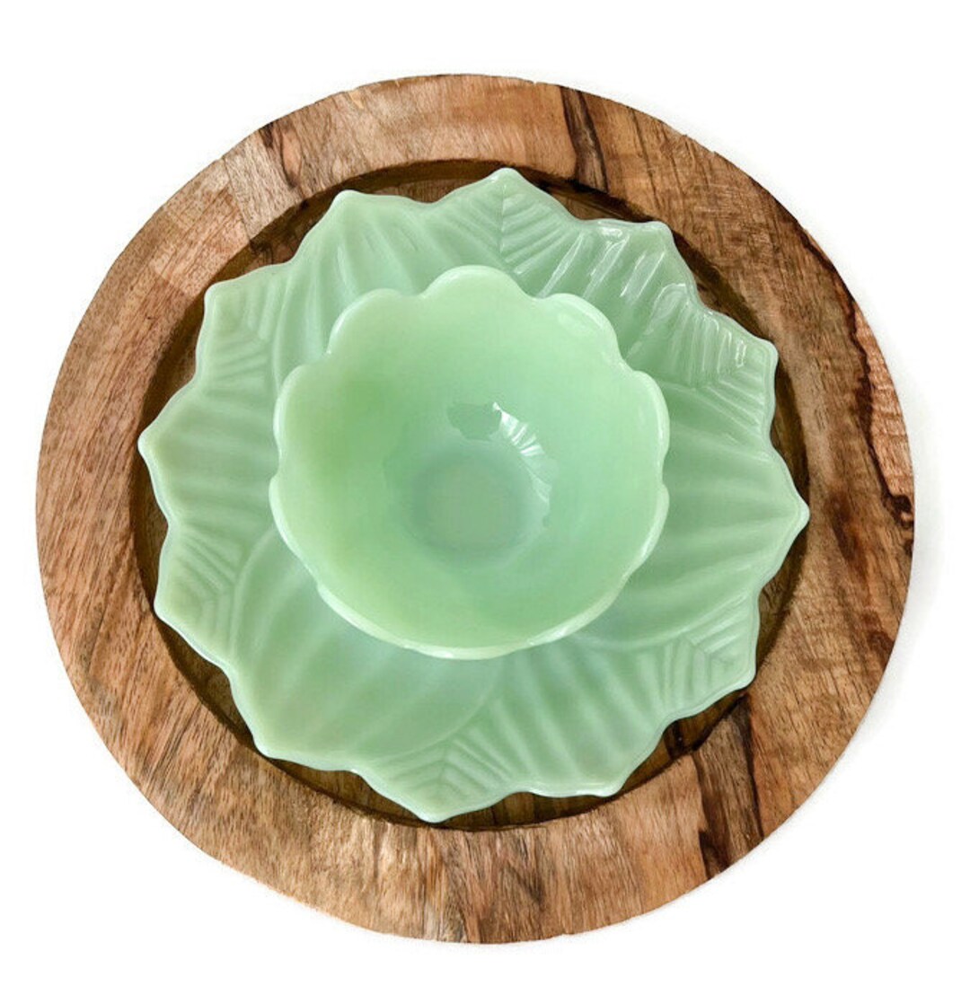 Fire King Jadeite Lotus Set, Leaf and Blossom Snack Set, Leaf Plate and