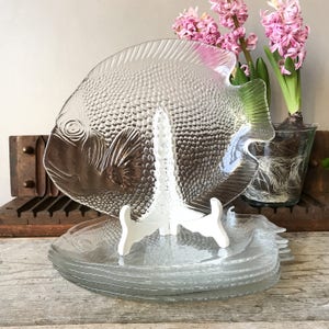 Vintage Arcoroc Fish Plates, Clear glass Sushi Set, Mid Century Poisson, 60&#39;s French Dinnerware