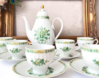 Green And Gold Coffee Set, Vintage Eschenbach Bavaria Germany, White Porcelain Teapot, Green Flowers