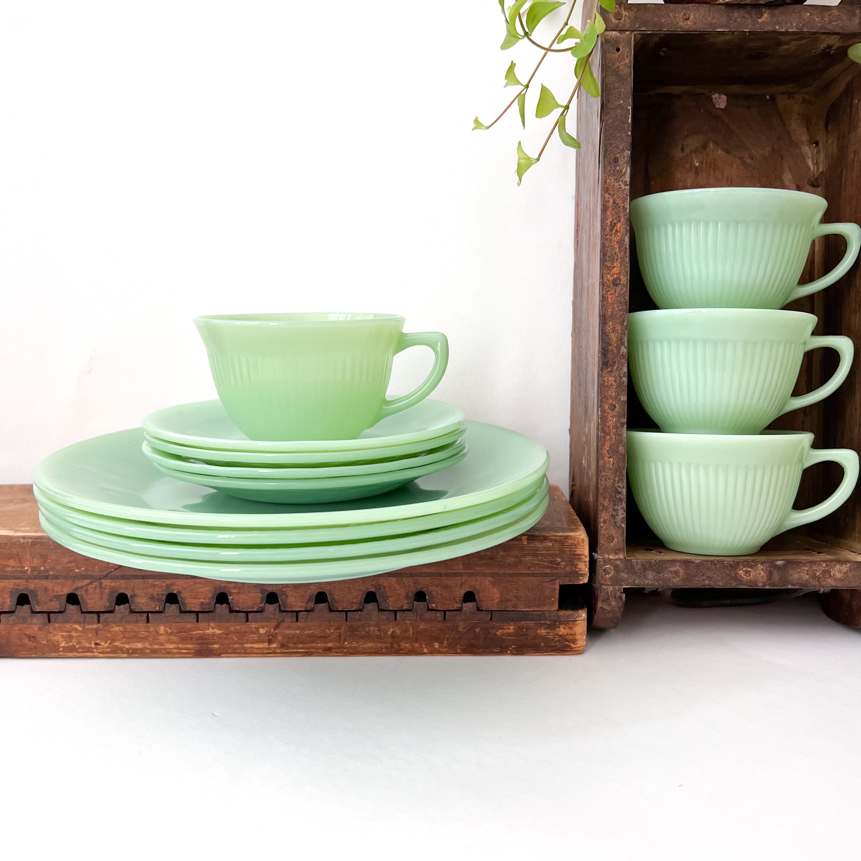 Vintage Fire King Jadeite Starter Set, Jane Ray Dinnerware, Dinner