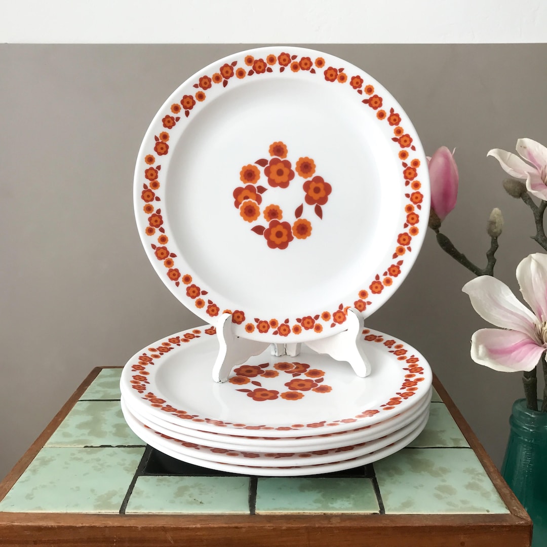 lot 6 assiettes vintage arcopal fleurs lotus blanc orange
