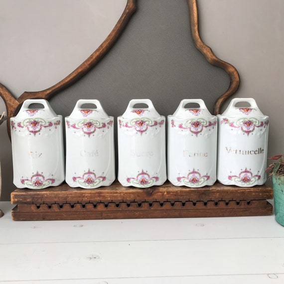 Cookie Jar French Antique Canister Set, Pink Roses Jars, 20's