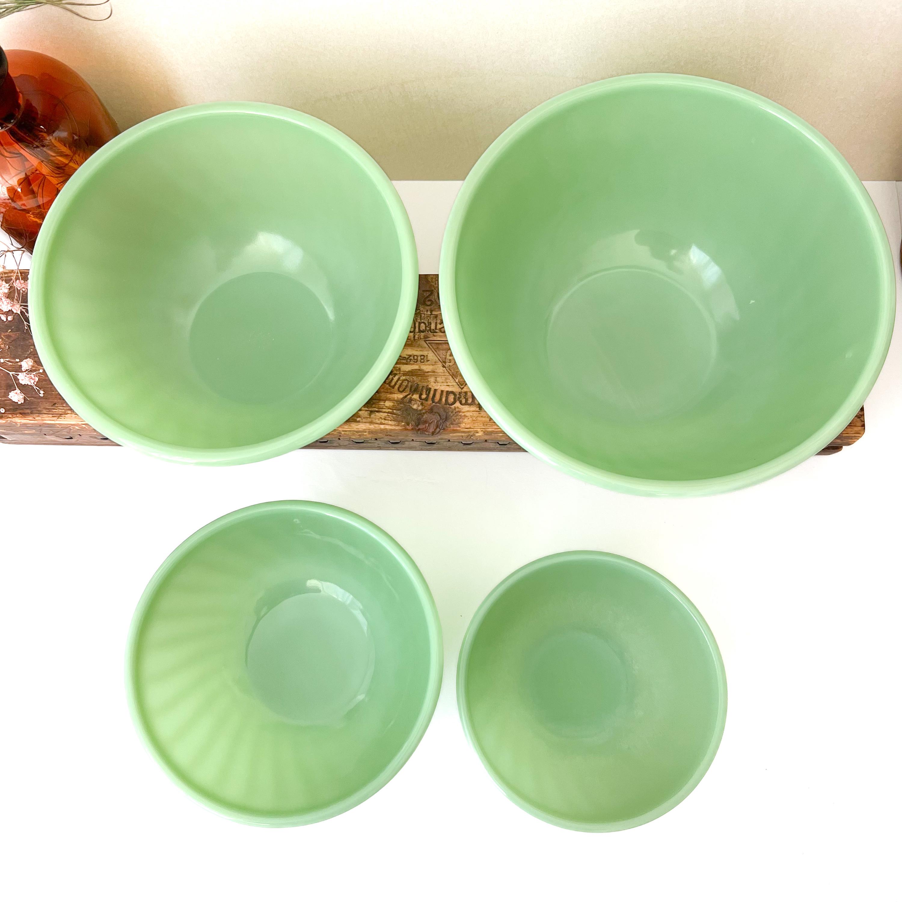 Vintage Fire King Jadeite Swirl Bowls, Mid Century Green Tableware