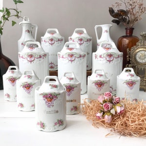 French Antique Canister Set, Pink Roses Jars, 20’s Farmhouse Kitchen Storage, Country Cottage chic, Hand Made!