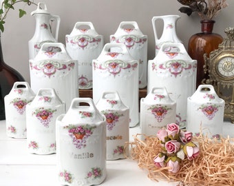 French Antique Canister Set, Pink Roses Jars, 20’s Farmhouse Kitchen Storage, Country Cottage chic, Hand Made!