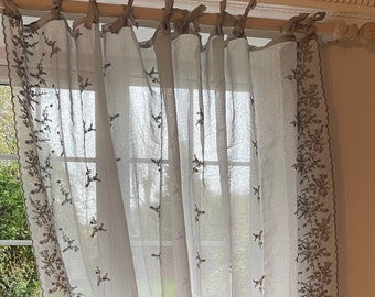 Privacy sheer curtain panel, vintage French style voile/net curtain with scalloped edges and ribbon top ties - Foliage