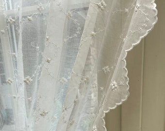 French inspired curtain Panel Beautifully Embroidered, sheer curtain panel, ribbon ties (voile, net curtain) Rose design