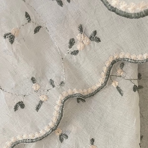 Embroidered sheer curtain, voile, net curtain, pretty embroidered curtain panel, with scalloped edges and ribbon top ties, privacy curtain
