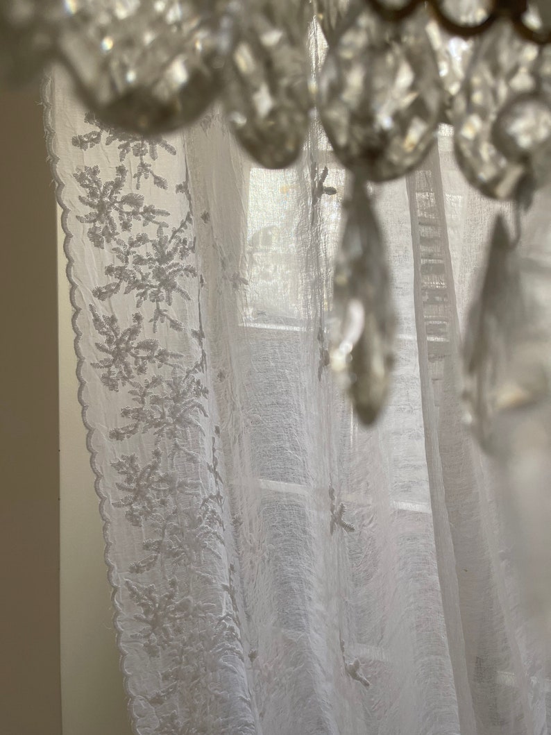 Sheer curtain panel, home decor, privacy curtain, Foliage pattern scalloped, ribbon top ties, net curtain panel, window curtain treatments, zdjęcie 8