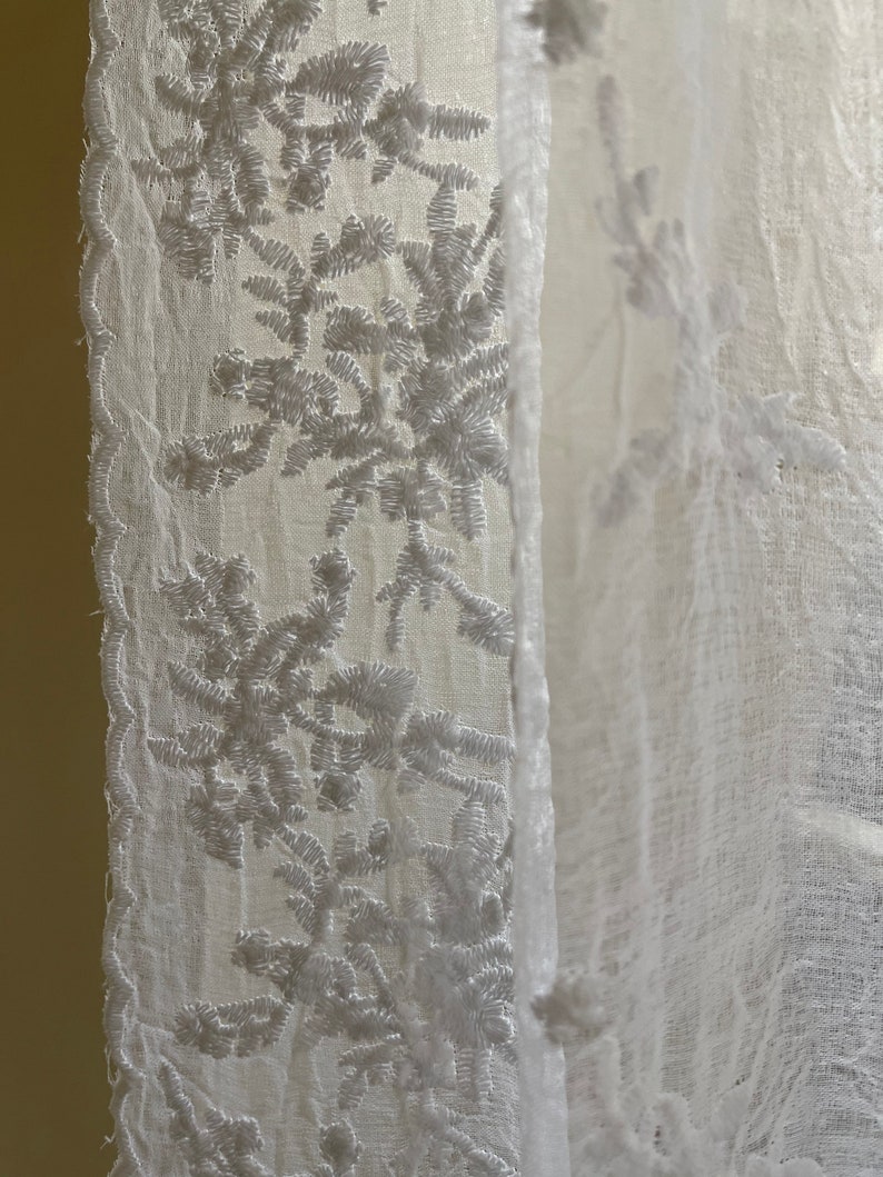 Sheer curtain panel, home decor, privacy curtain, Foliage pattern scalloped, ribbon top ties, net curtain panel, window curtain treatments, Grey