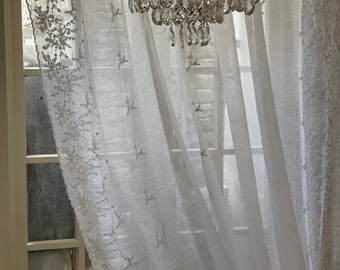Sheer curtain panel, home decor, privacy curtain, Foliage pattern scalloped, ribbon top ties, net curtain panel, window curtain treatments,