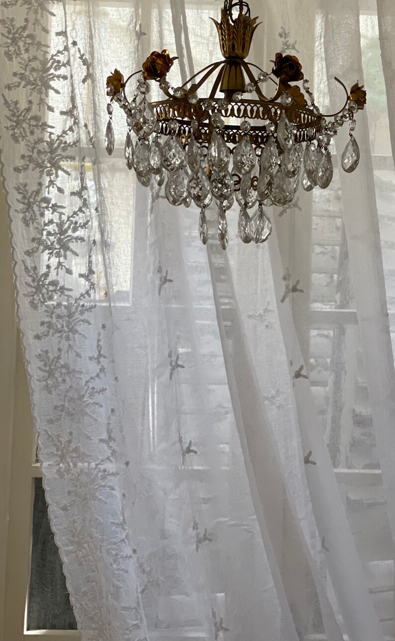 Sheer curtain panel, home decor, privacy curtain, Foliage pattern scalloped, ribbon top ties, net curtain panel, window curtain treatments, zdjęcie 5