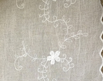 Sheer voile curtain panel, embroidered sheer curtain, voile, ready made curtain with ribbon tie top and scalloped edges - Fleur