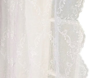 French inspired curtain Panel Beautifully Embroidered, sheer curtain panel, ribbon ties (voile, net curtain) -  Classic design