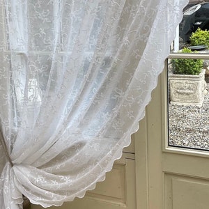 Scandinavian sheer curtain panel, embroidered curtain, with scalloped edges and ribbon top ties - Helisa