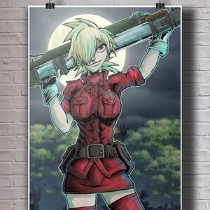 May include: A female character with blonde hair and red clothing is holding a large weapon. She is standing in front of a full moon and a forest background.