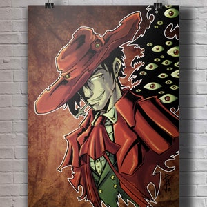 May include: A digital illustration of a man wearing a red hat and coat. He has a sinister smile and is holding a cross in his mouth. The background is a dark brown with a pattern of eyes.