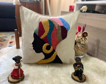 Needle Punch embroidered linen cushion cover African Woman Figure
