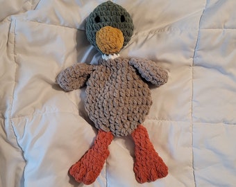 Duck Snuggler | Derbie the Duck | Crochet Mallard Lovey | Smokey Green Brown with Orange Feet | Plushie | Stuffie