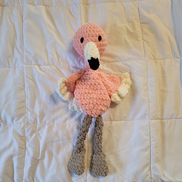 Flamingo Snuggler | Flora the Flamingo | Crochet Flamingo Lovey | Pink White & Black with Beige Feet | Plushie | Stuffie