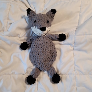 Fox Snuggler | Fergus the Fox | Crochet Lovey | Dark Gray with Black and Cream Accents | Plushie | Stuffie