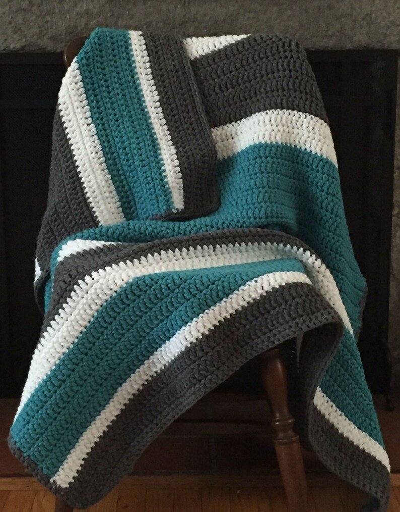 Chunky Striped Crochet Blanket Throw White Aqua Teal Gray Etsy UK