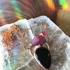 OOAK- Rose Aura and Obsidian Necklace- Copper Electroformed, any length, copper obsidian necklace, black crystal