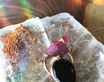 OOAK- Rose Aura and Obsidian Necklace- Copper Electroformed, any length, copper obsidian necklace, black crystal