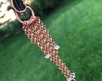 Electeoformed Tabasco Geode and Herkimer Diamond Fringe Necklace- Copper, boho jewelry, Black Geode, Terminated Quartz