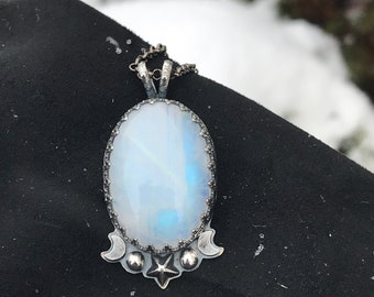 Sterling Silver Rainbow Moonstone Celestial Necklace- Moon and Star Accents, Oval Moonstone Pendant, June Birthstone
