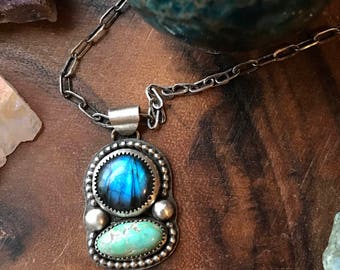 SALE- OOAK- Labradorite and Turquoise Necklace- Sterling Silver Jewelry, Fine Silver Necklace, Natural Minerals