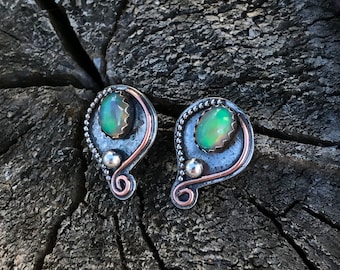 Ready To Ship- Natural Ethiopian OPAL Stud Earrings- sterling Silver Studs Copper, October Birthstone, Opal Earrings, One Of A Kind KQ