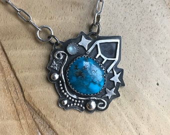 OOAK- Sterling Silver Kingman Turquoise & Rainbow Moonstone Celestial Necklace- Crystal and Stars, December Birthstone, June Birthstone