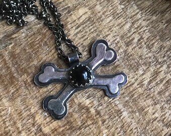 OOAK- Sterling Silver Cross Bones Necklace- Halloween Inspired Jewelry, Skull, Silver Onyx Necklace, Gothic