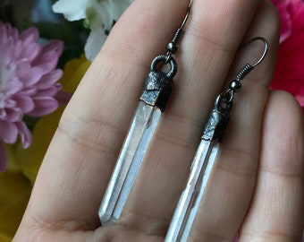 Electroformed Quartz Dangle Earrings- Gunmetal Quartz Crystal Earrings, Icicle Earrings, Moody Jewelry, Master Healer, Crystal  Earrings