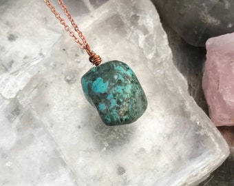 Natural Turquoise Chunk Necklace- Copper Turquoise Pendant, Genuine Turquoise, Authentic North American Turquoise, December Birthstone