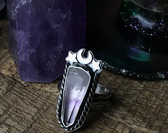 Ready To Ship- Unicorn Horn- Vera Cruz Amethyst Crystal, SZ 8.75, Sterling Silver Amethyst Ring, Raw Amethyst Ring February Birthstone