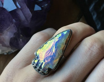 Sterling Silver Angel Aura Opalite Arrowhead Statement Ring- SZ 5.5, Witchy, Boho, Opal Aura, Wide Textured Ring Band