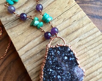 SALE- Electroformed Amethyst Layering Necklace- Amazonite and Amethyst Links, Copper Chain